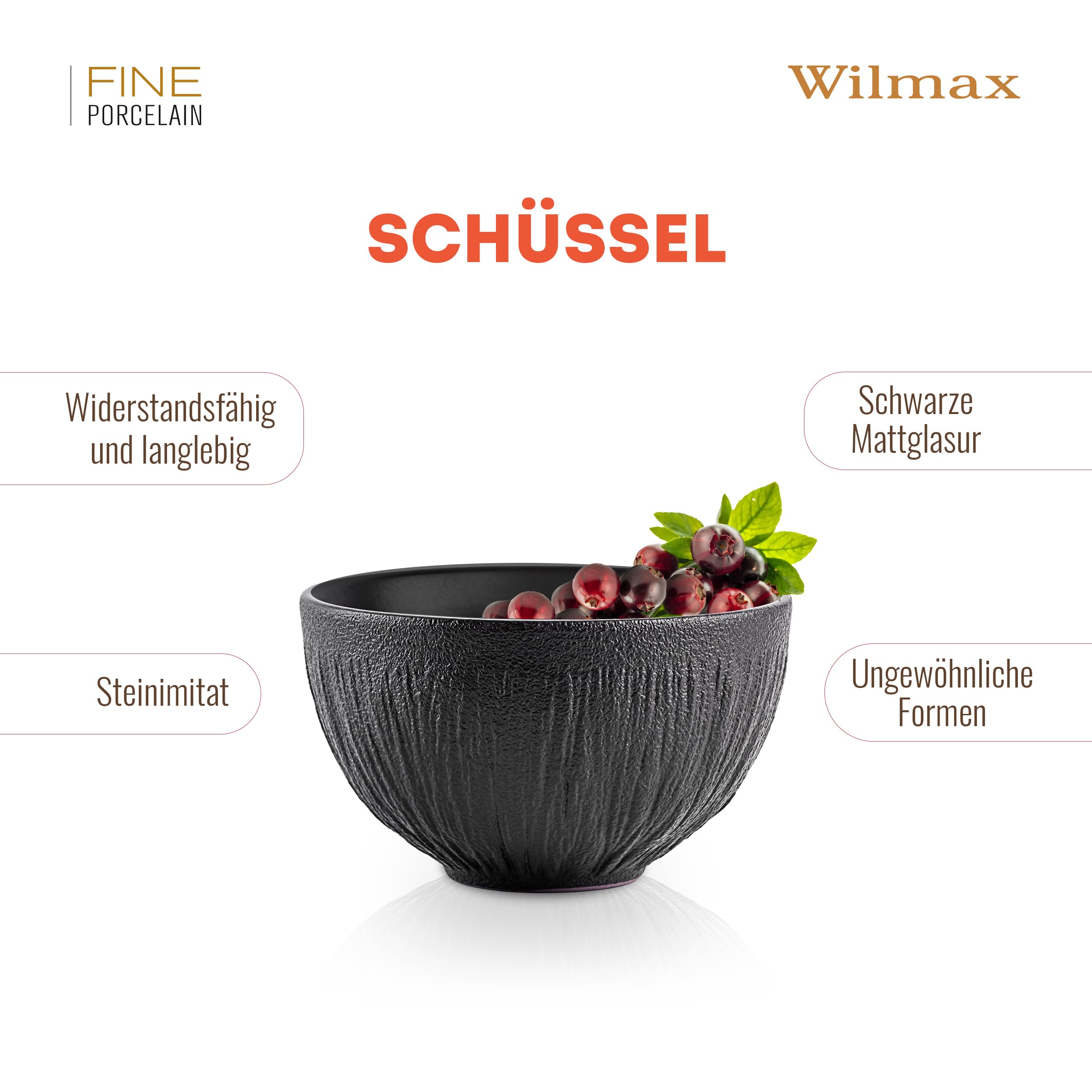 Wilmax - Schale aus Porzellan - 600ml - 6er Set - Salatschüssel - Schwarzer Schüssel für Snacks, Salat -Obstschale - Müsli-Schale - Elegant und Kratzfest - Ideal als Geschenk