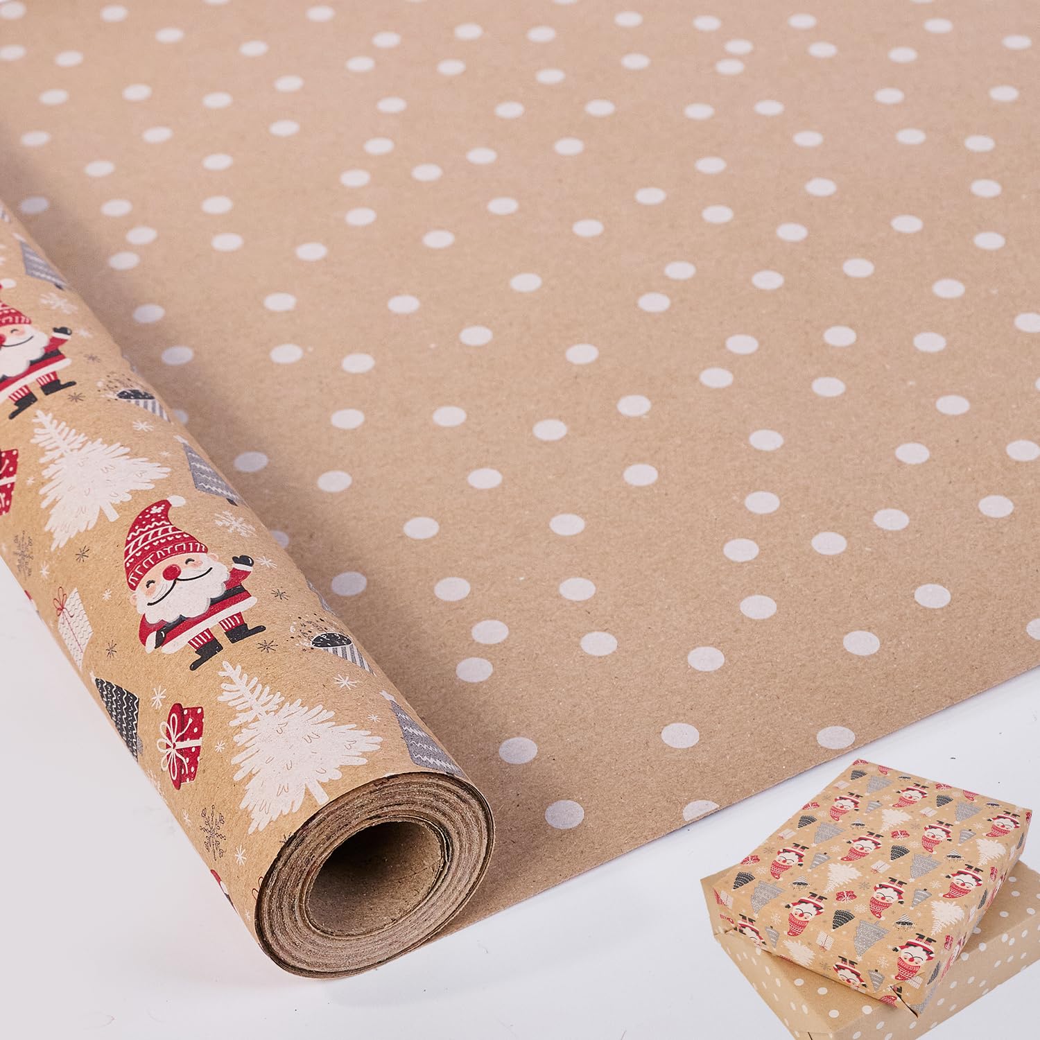 HBell Reversible Chirstmas Wrapping Paper Roll,Double-sided Xmas Wrapping Paper Brown Kraft Gift Wrapping Paper for Xmas Decoration Party DIY Carft,43cm*10m