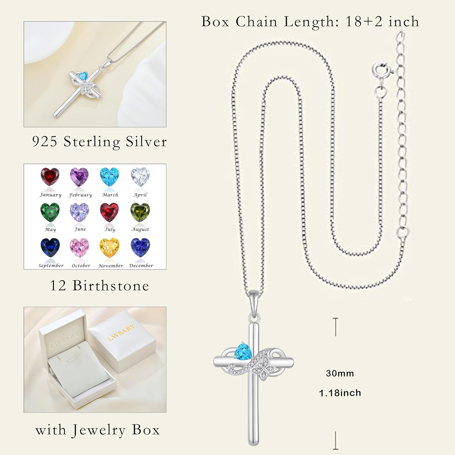 Infinity Butterfly Cross Necklace for Women 925 Sterling Silver Christian Religious Crucifix Pendant Birthstone Jewelry Gifts for Her