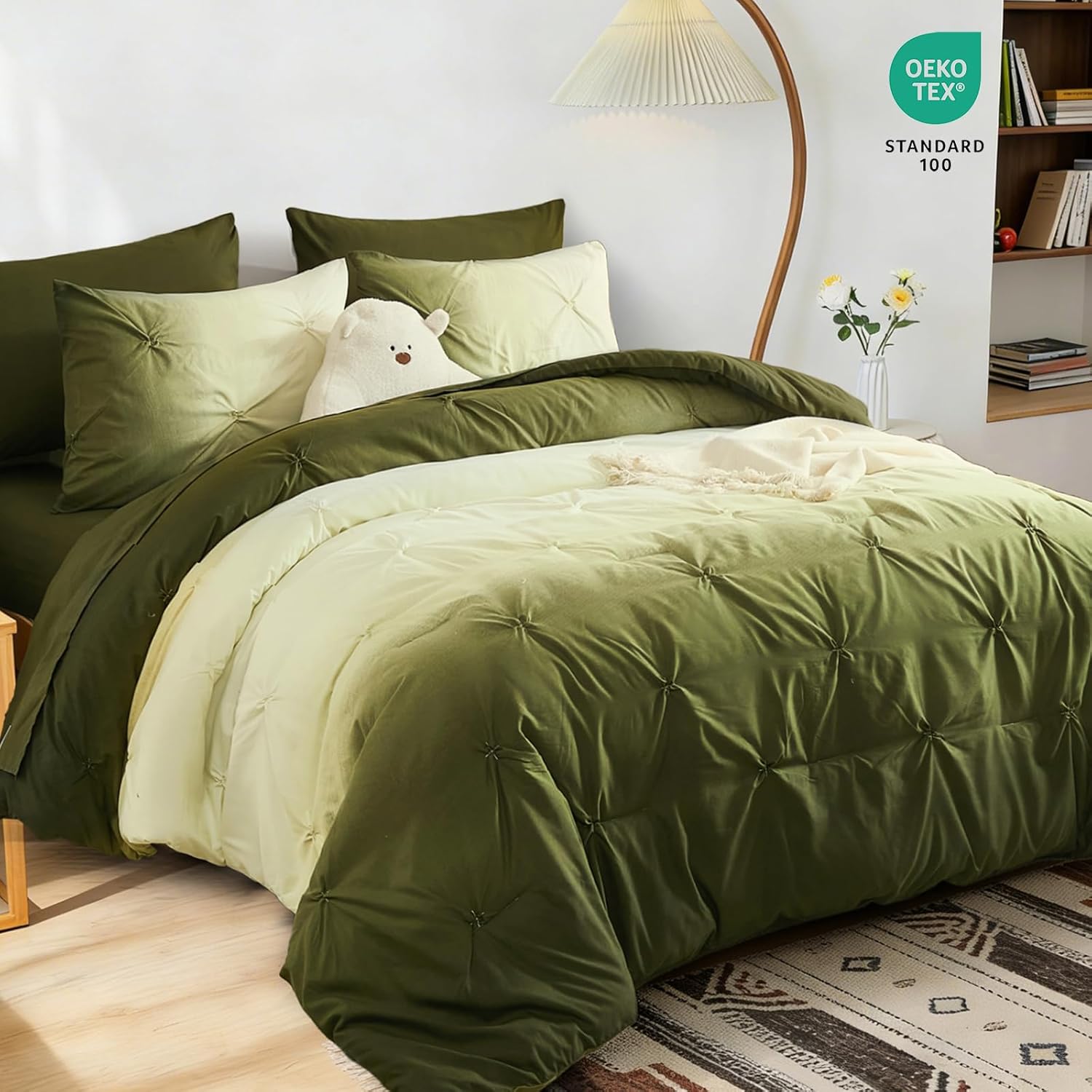 Dinjoy Ombre Comforter Set Queen Size, 7-Piece Bed in a Bag for All Season, Pintuck Colorful Rainbow Bedding Sets with Comforter, Flat Sheet, Fitted Sheet and Pillowcases & Shams, Green