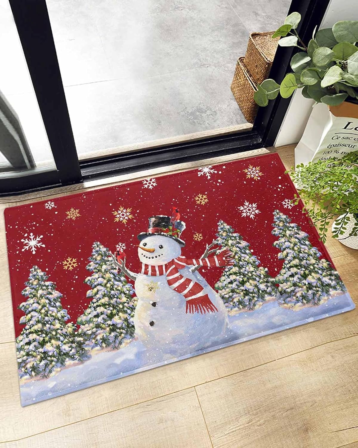 Christmas Snowman Bathroom Rug,Xmas Tree Red Bath Mat Soft Non Slip Doormat,Winter Snowflake Kitchen Rug Absorbent Carpet Furry Cozy Floor Mat for Bedroom Living Room 16x24in