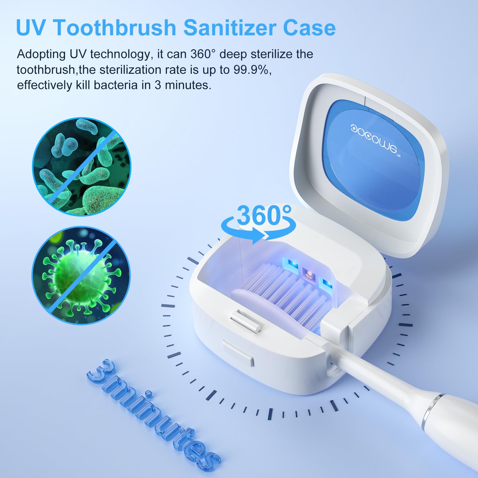 Custodia portatile per spazzolino da denti con protezione UV profonda e igienizzante per spazzolino da denti, porta spazzolino da denti con adesivo senza punzonatura, per viaggi e uso familiare