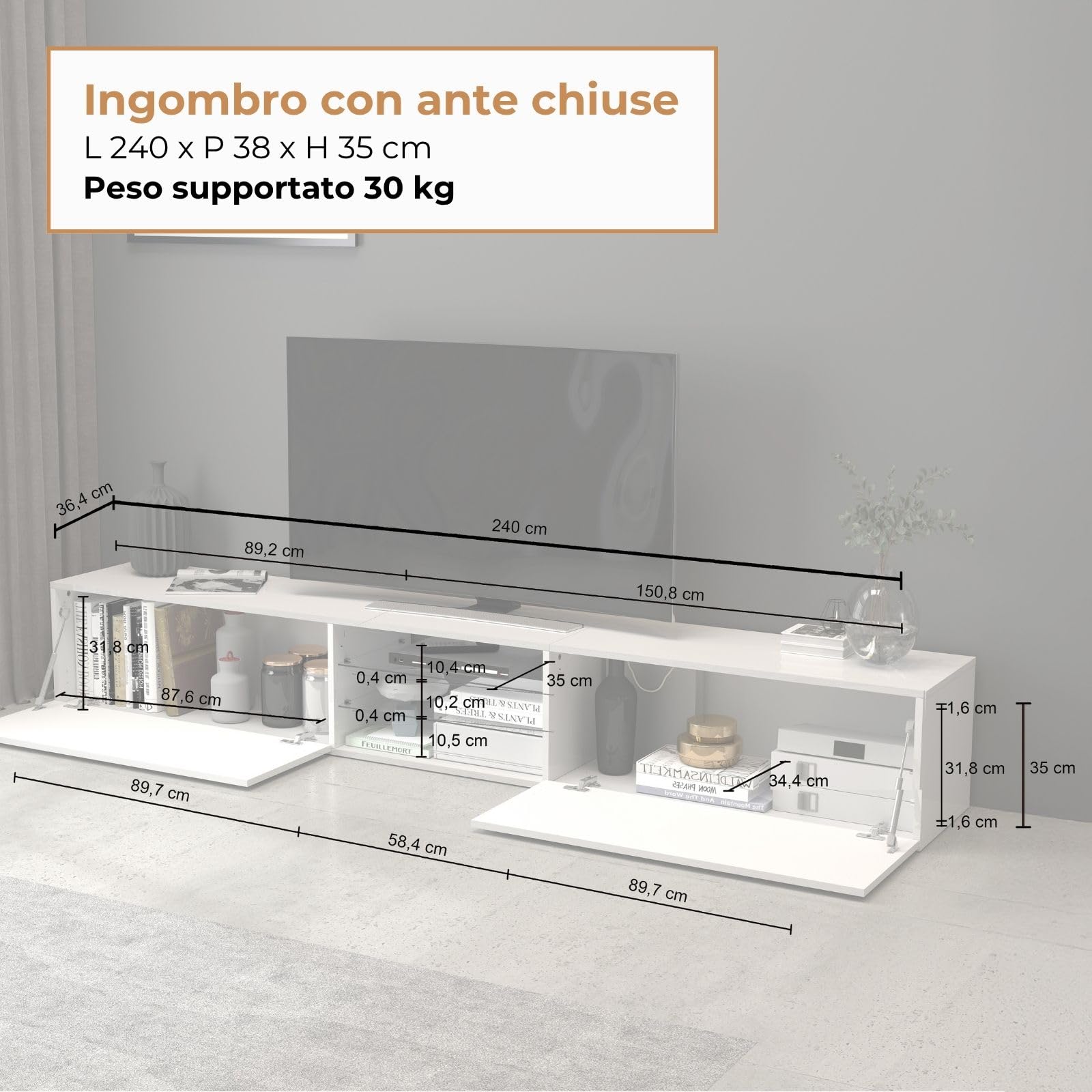 WHOUS Mobile Porta TV EGYPT per Soggiorno con 2 Ante a Ribalta e 2 Ripiani in Vetro, Mobile Tv per Salotto in Legno, 240x38x35 cm, Bianco Laccato Lucido