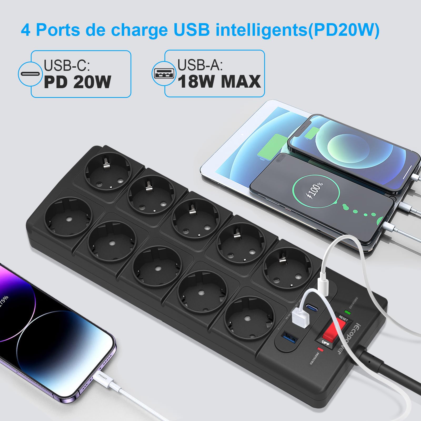 IECOPOWER multiprise 10 Prises,USB multiprise(PD 20W 2 USB-C Ports et 2 USB-A Ports), multiprise avec Interrupteur,4000W/16A,1050 J, multiprise parafoudre et câble d'extension de 2 m, Noir
