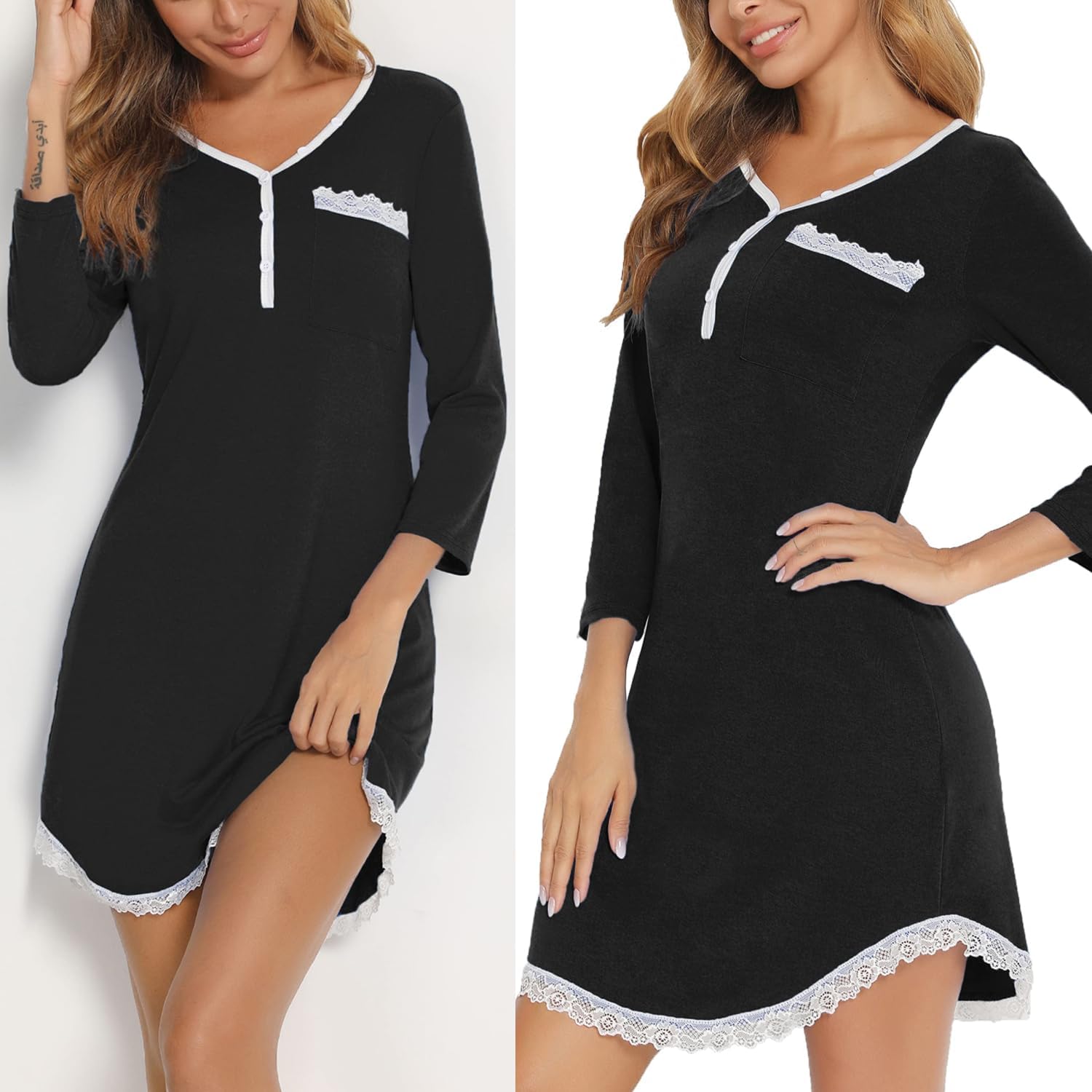 Women's Loose Fit Sleep Dresses Short Sleeve Lace Trim Pockets Multiple Colors Sizes - Image 5