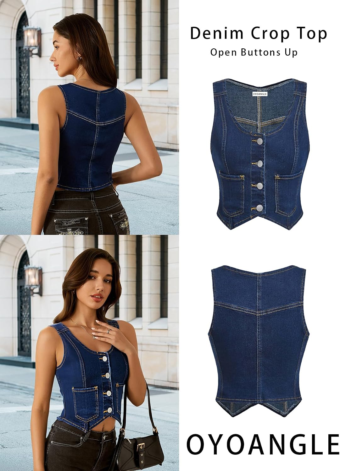 OYOANGLE Women's Button Front Denim Vest Tank Top Scoop Neck Sleeveless Jean Waistcoat