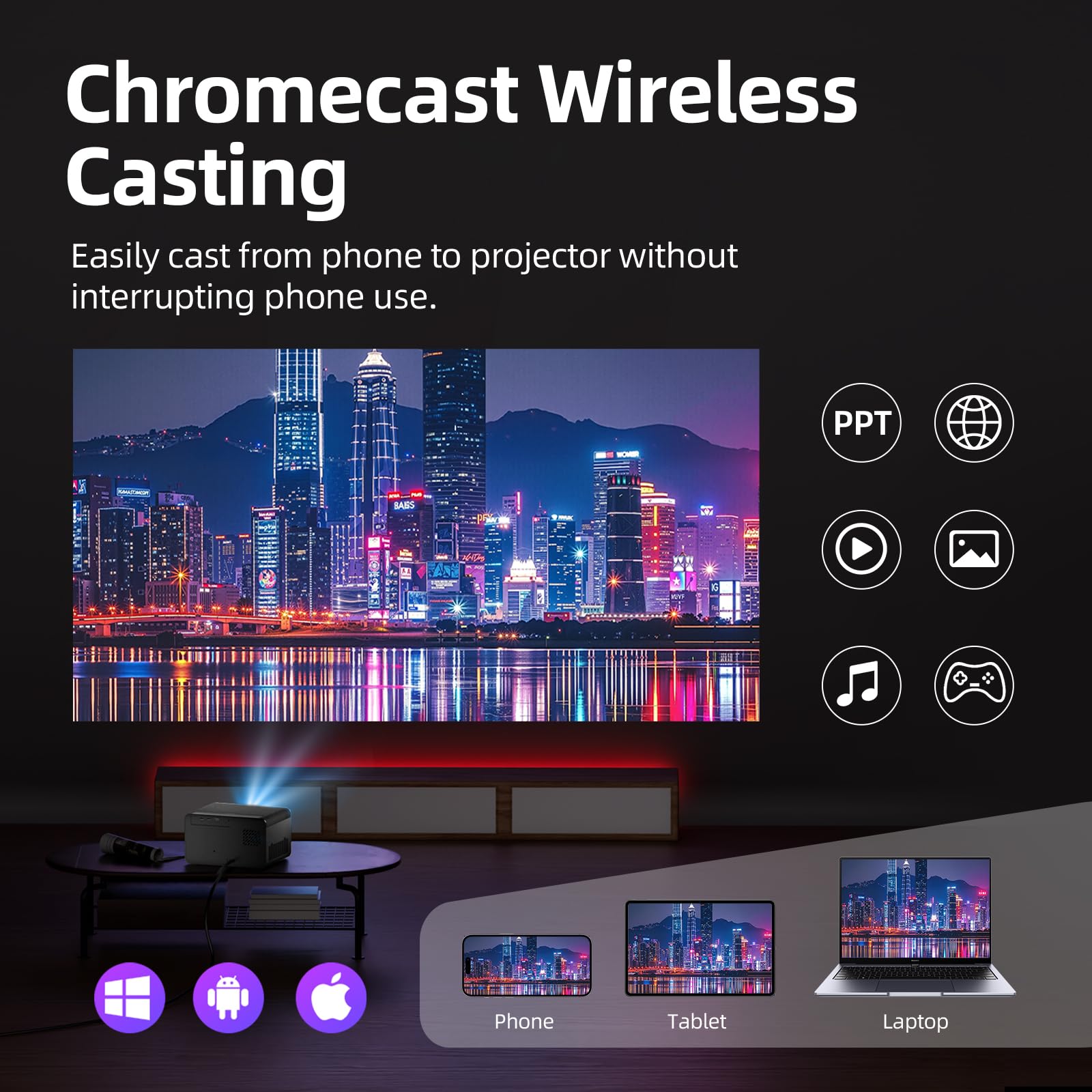 Bettdow Proiettore intelligente 4K, Full HD 1080P, autofocus/correzione trapezoidale, 900 ANSI lumen videoproiettore con WiFi6 & BT 5.0, 300 pollici, proiettore per home theater, nero