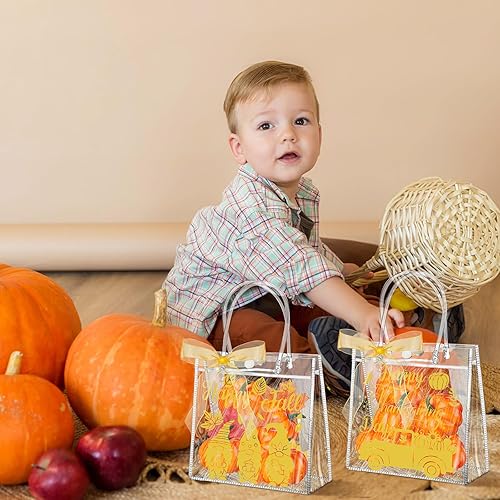 Miniatura 5 de Paterr 50 bolsas transparentes de regalo de otoño de Acción de Gracias con asas, bolsas de regalo de Acción de Gracias, calabaza, gnomo, pavo,