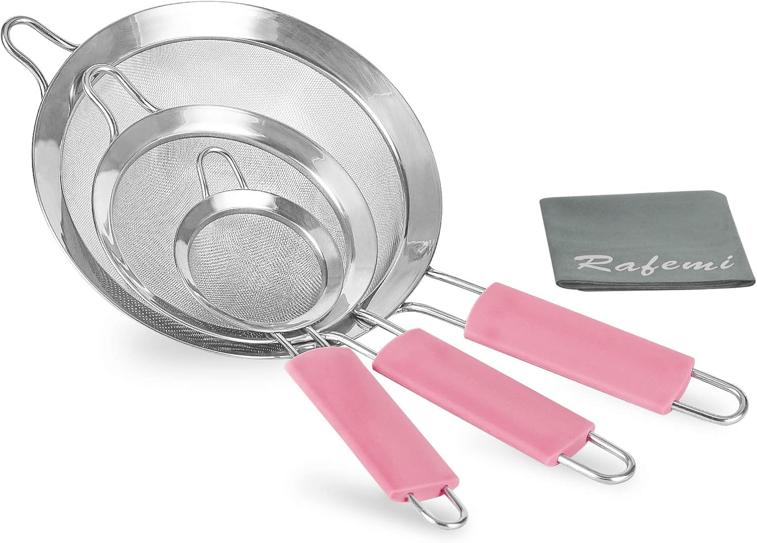 Mesh Strainer Food Strainer Stainless Steel for Cooking Rafemi (3.15 5.5 and 7.87 inches). Filters with comfortable silicone insulated handles (Pink)