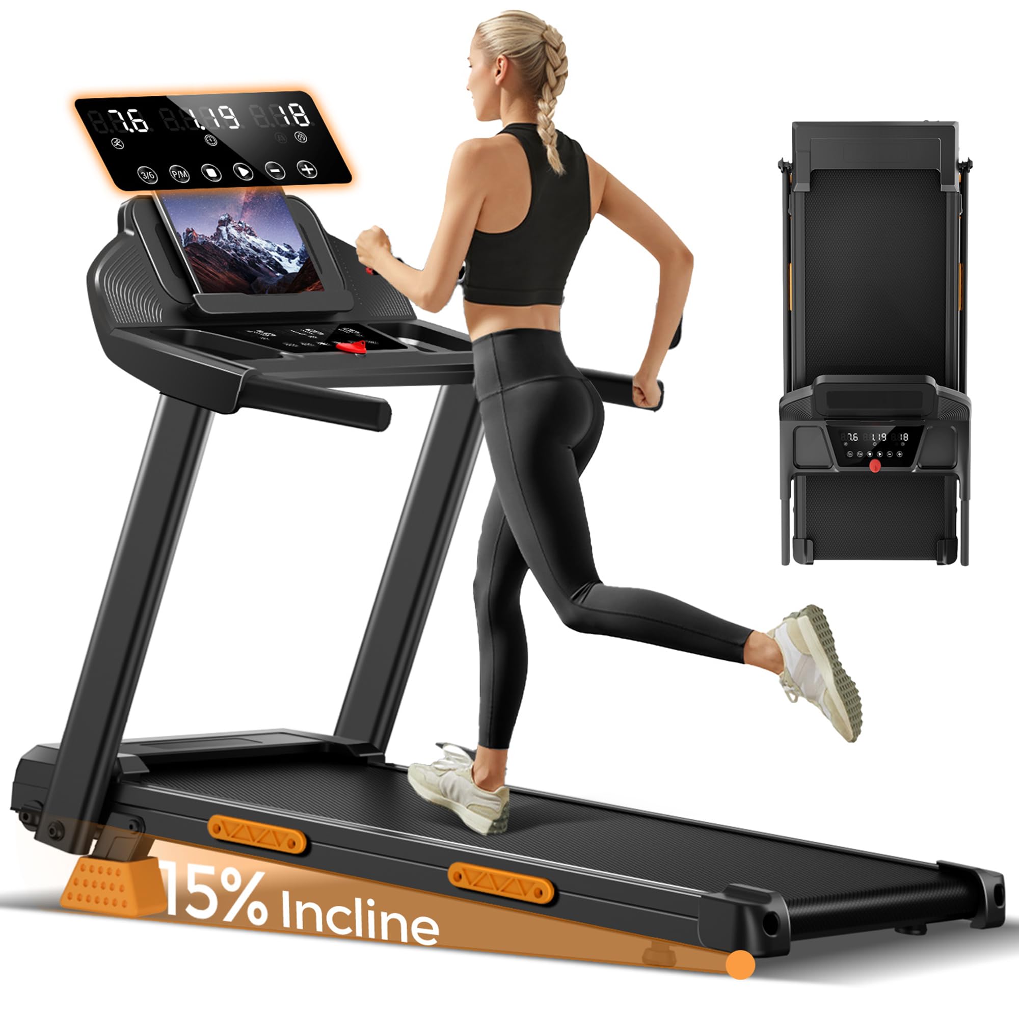 CURSOR Składana Bieżnia do domu z nachyleniem 15%, 8-12 km/h | Kompaktowa Bieżnia domowa i Biura,Cicha Treadmill Walking Pad z silnikiem 3.0HP i Wyświetlaczem LED,maks. obciążenie 136 kg