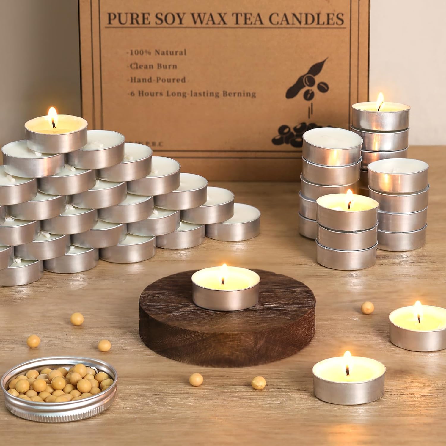 LAMORGIFT 24 Pcs Fall Tealight Candle Holders & Soy Tealight Candles | 50 Pack | 4 Hours