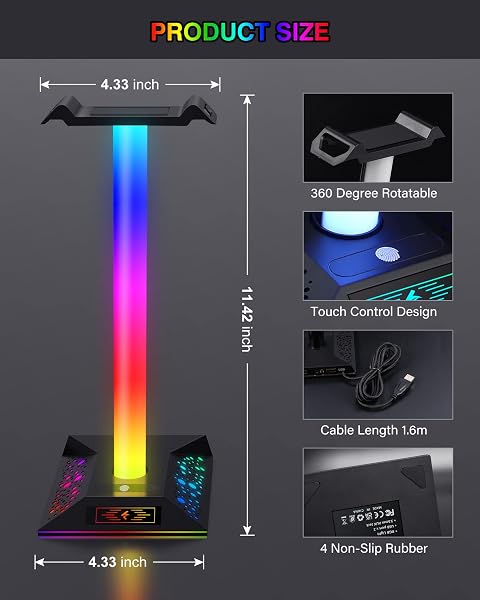 Hcman Headphone Stand Gaming Headset Holder RGB PC Gaming Accessories for Desk, Cool LED Headset Stand with 2 USB Charger for Gamer - 5