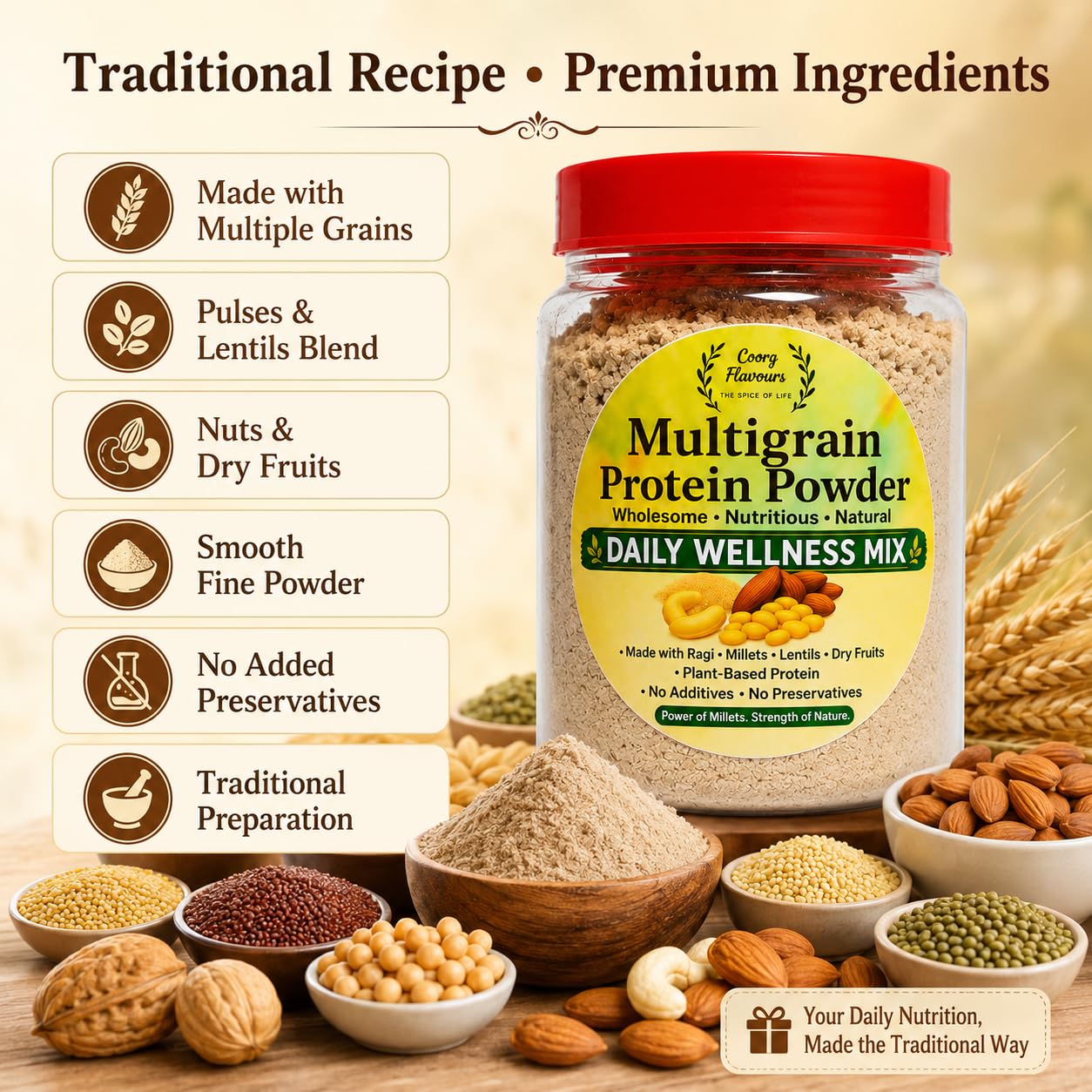 COORG FLAVOURS Multigrain Protein Powder 250g | Premium Blend of Dal, Millet, Nuts & Dry Fruits | High Fiber & Protein Health Mix | Natural Daily Nutrition Drink | No Preservative — Amazon image 6
