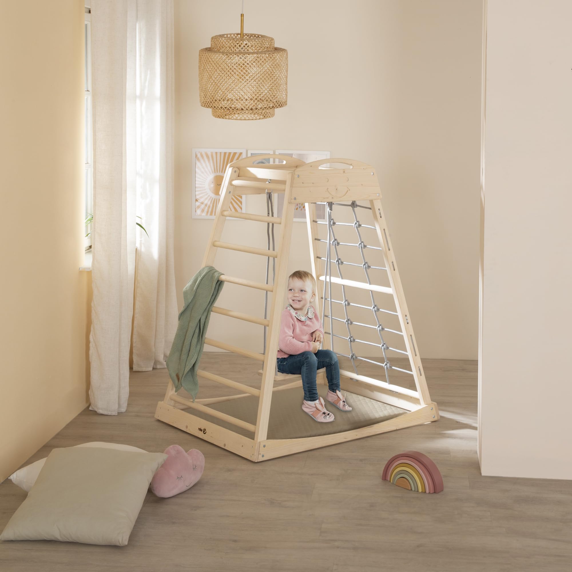 roba Montessori drewniana wieża do zabawy z 2w1 ślizgiem i deską do wspinaczki, drabinką, siatką, huśtawką i kółkami gimnastycznymi, od 24 mies., udźwig 70 kg