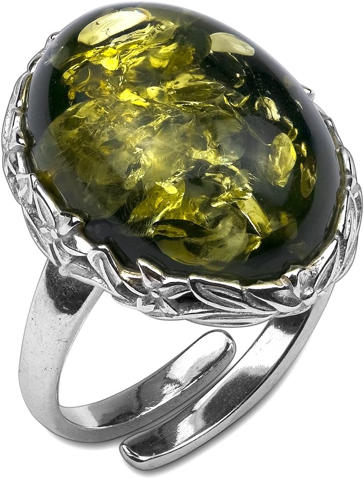 Ian and Valeri Co. Green Amber Ring Ajustable Sterling Silver Oval Shape