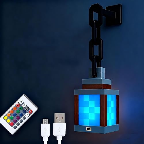 Pixel Art Cube Torch Light, 16 Color Changing LED Lamp with Remote Control, Rechargeable Game Room Night Light, Retro Desk Decor for Bedroom, Gift for Gamer (with Chain and Bracket) - hanger rod + chain
