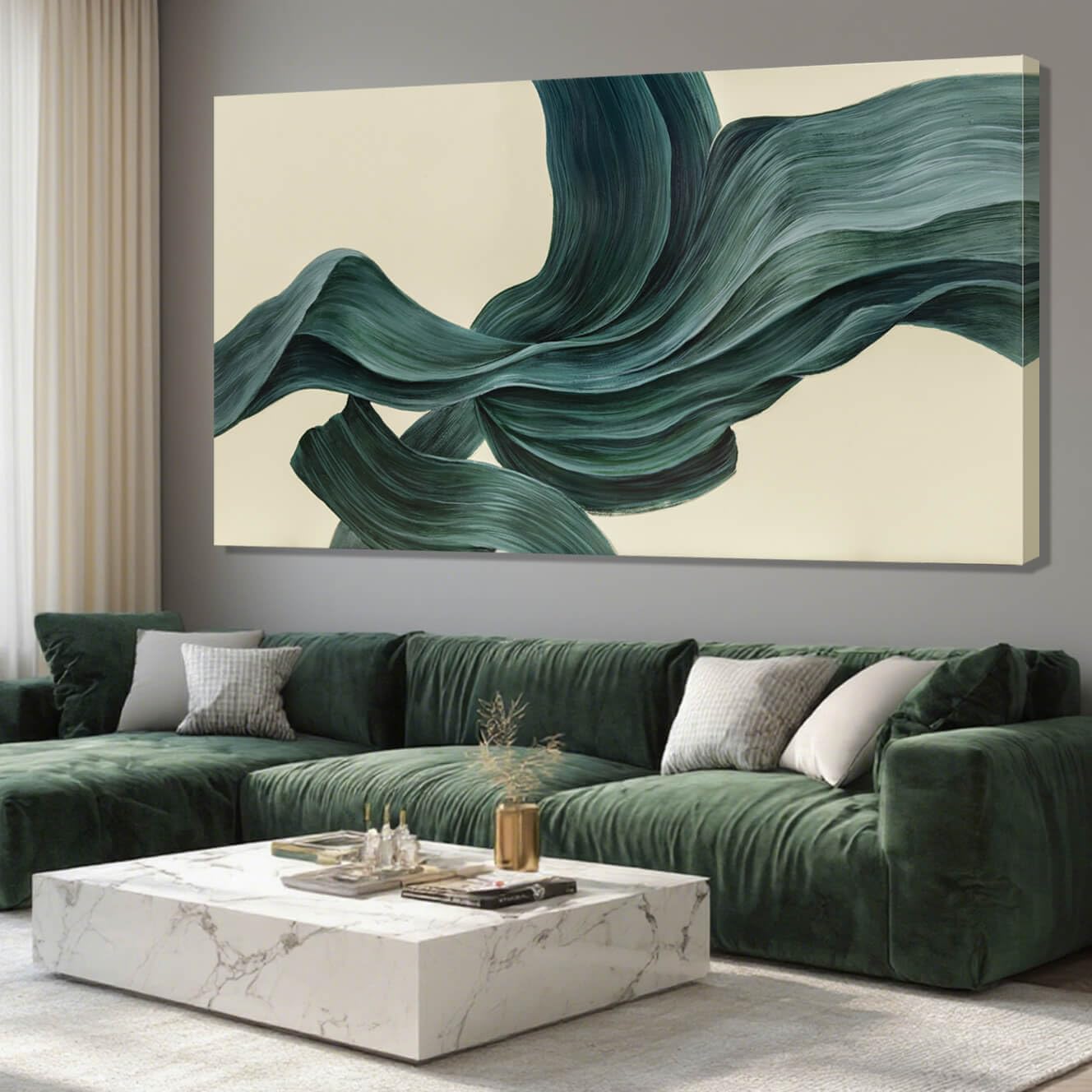 ZENPEE Large Green Abstract Wall Art and White Minimalist Canvas Wall Art, Home Decor, Office Wall Decor, Dining Room Wall Decor, Room Posters, 29" x 58"