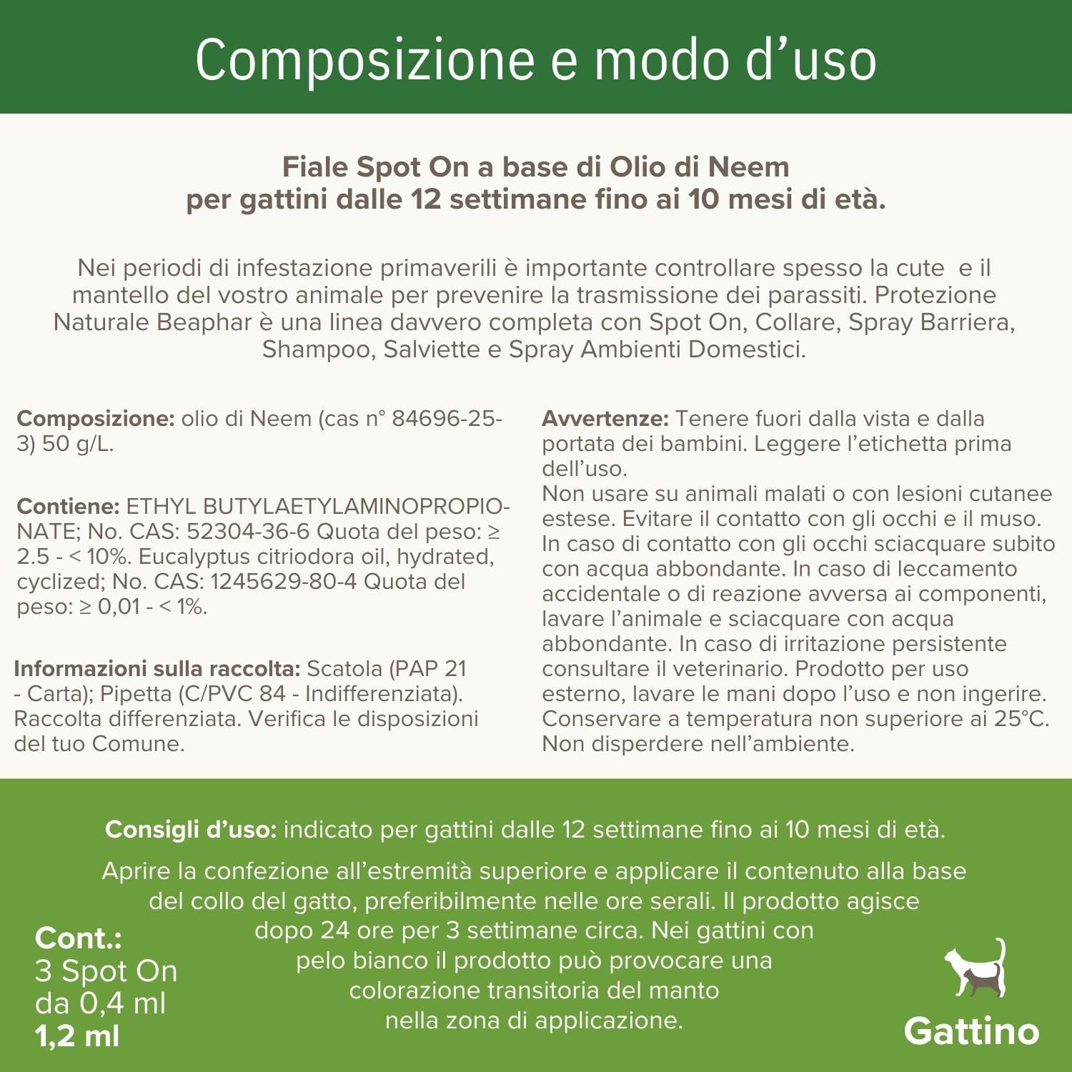 Beaphar Protezione Naturale, Spot-On Scudo per Gattino, con Olio di Neem e Piretro Vegetale, 9 Settimane di Protezione, 3 Pipette da 2 ml