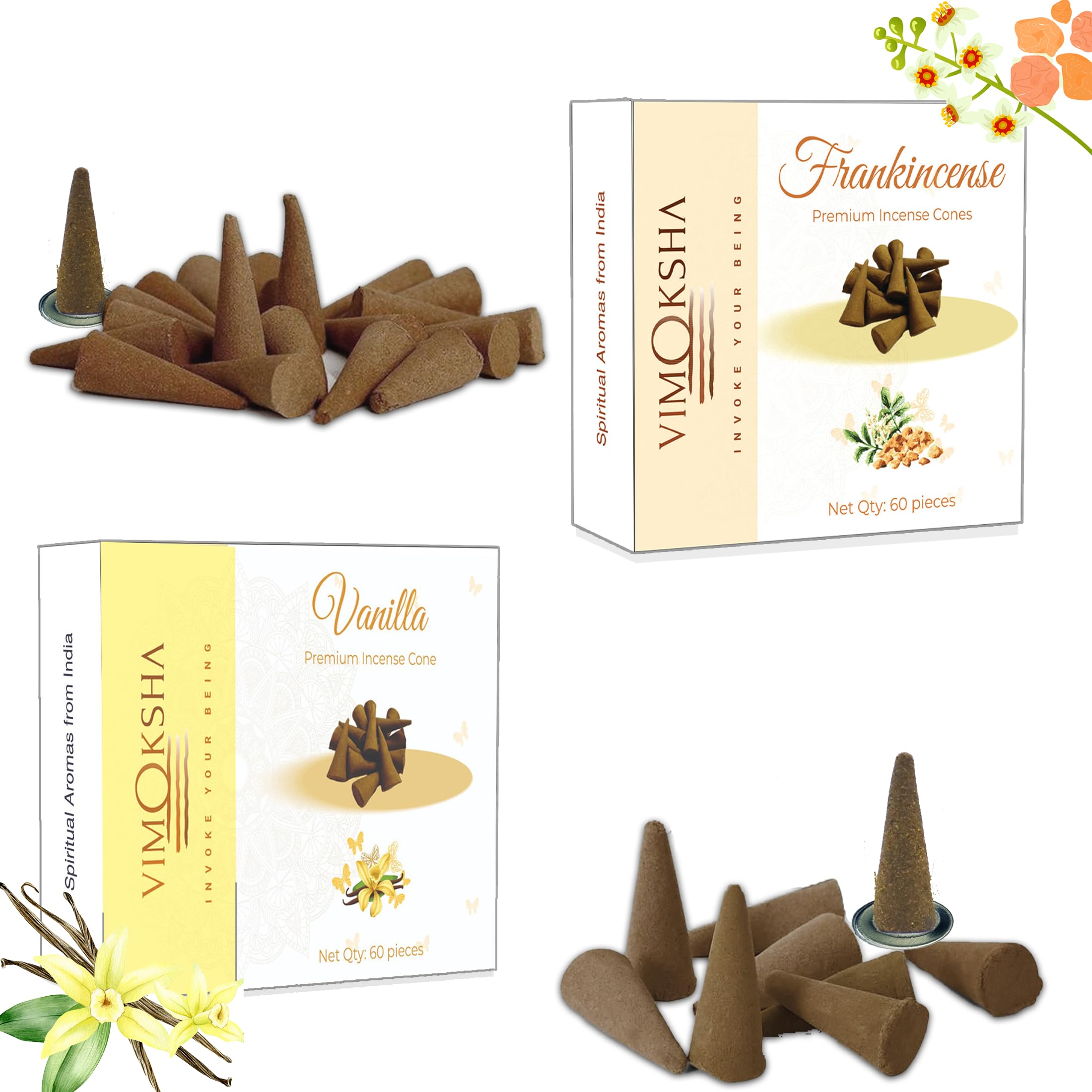 Incense Dhoop Cone | 100% Natural | Handmade Organic | Relaxation | Positivity | Yoga Meditation | Purification | Frankincense, Vanilla, Pack of 2, 120 Cones with Stand (2 Scents x 60 Sticks Each)