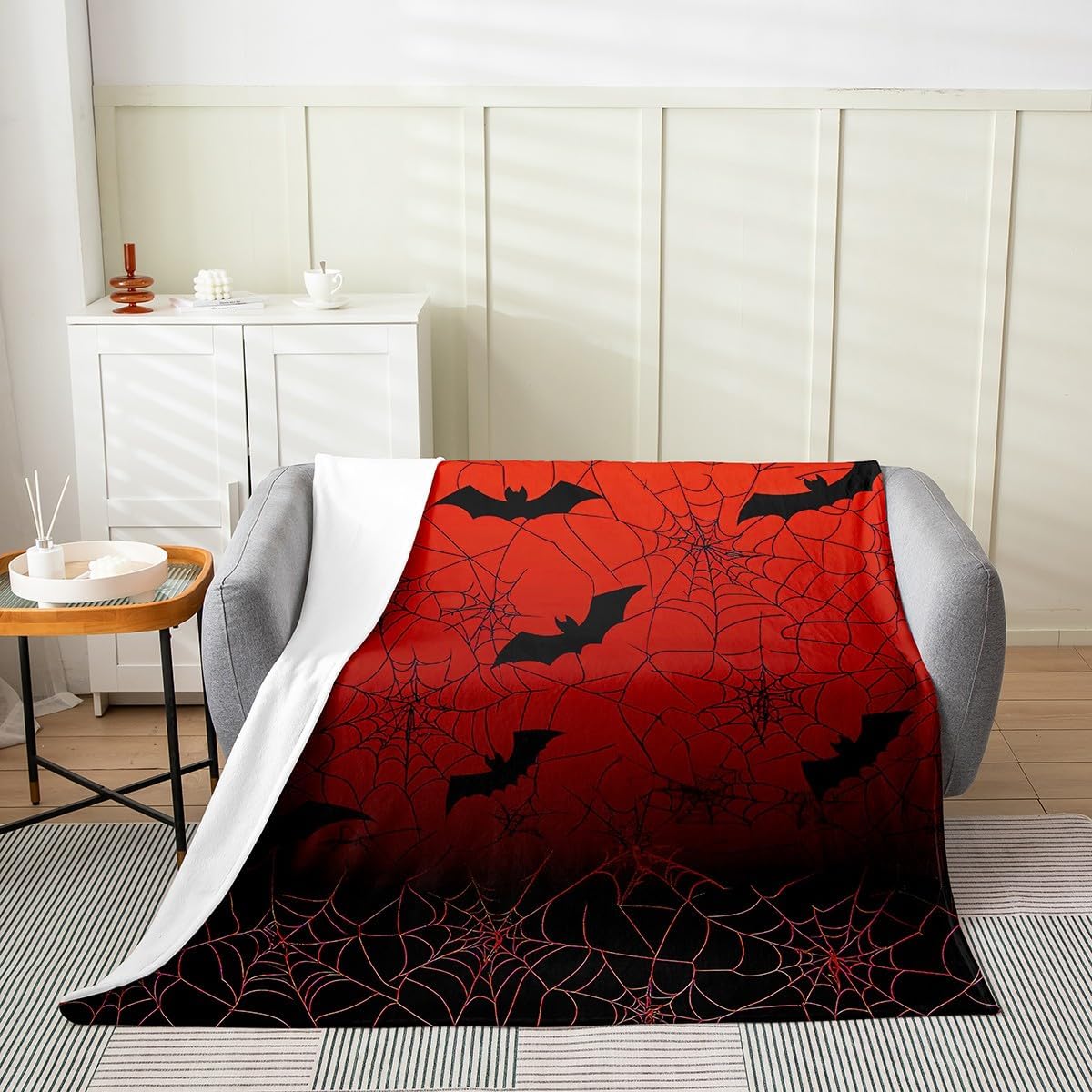 Erosebridal Halloween Spider Web Throw Blanket Halloween Black Bats Fleece Blanket Queen 90X90 Horror Dark Shadows Silhouette Blanket Spooky Red Black Halloween Decorations Fuzzy Blanket