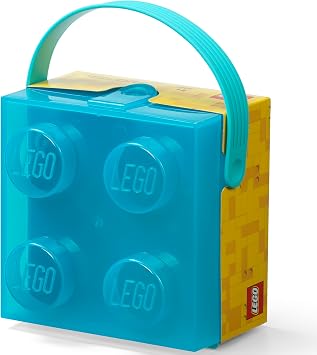 LEGO Box w/Handle - Translucent Light Blue - Classic Square Brick Design, Use As A Lunch Food Container Or Storage Case, 6.8x6.5x4.6, Silicone Handle