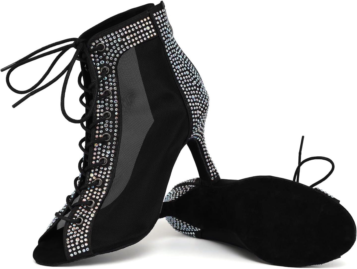 SWDZM Womens Rhinestones Ballroom Dance Booties Open Toe Lace up Ankle Latin Salsa Professional Dancing Heels Boots