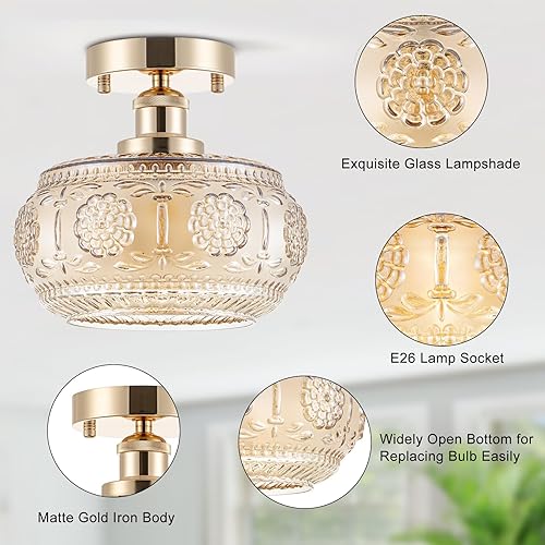 Miniatura 4 de Semi Flush Mount Ceiling Light - French Gold Finish & Amber Floral Glass Shade, Vintage Modern Lighting for Bathroom, Kitchen, Bedroom (Bulb Not