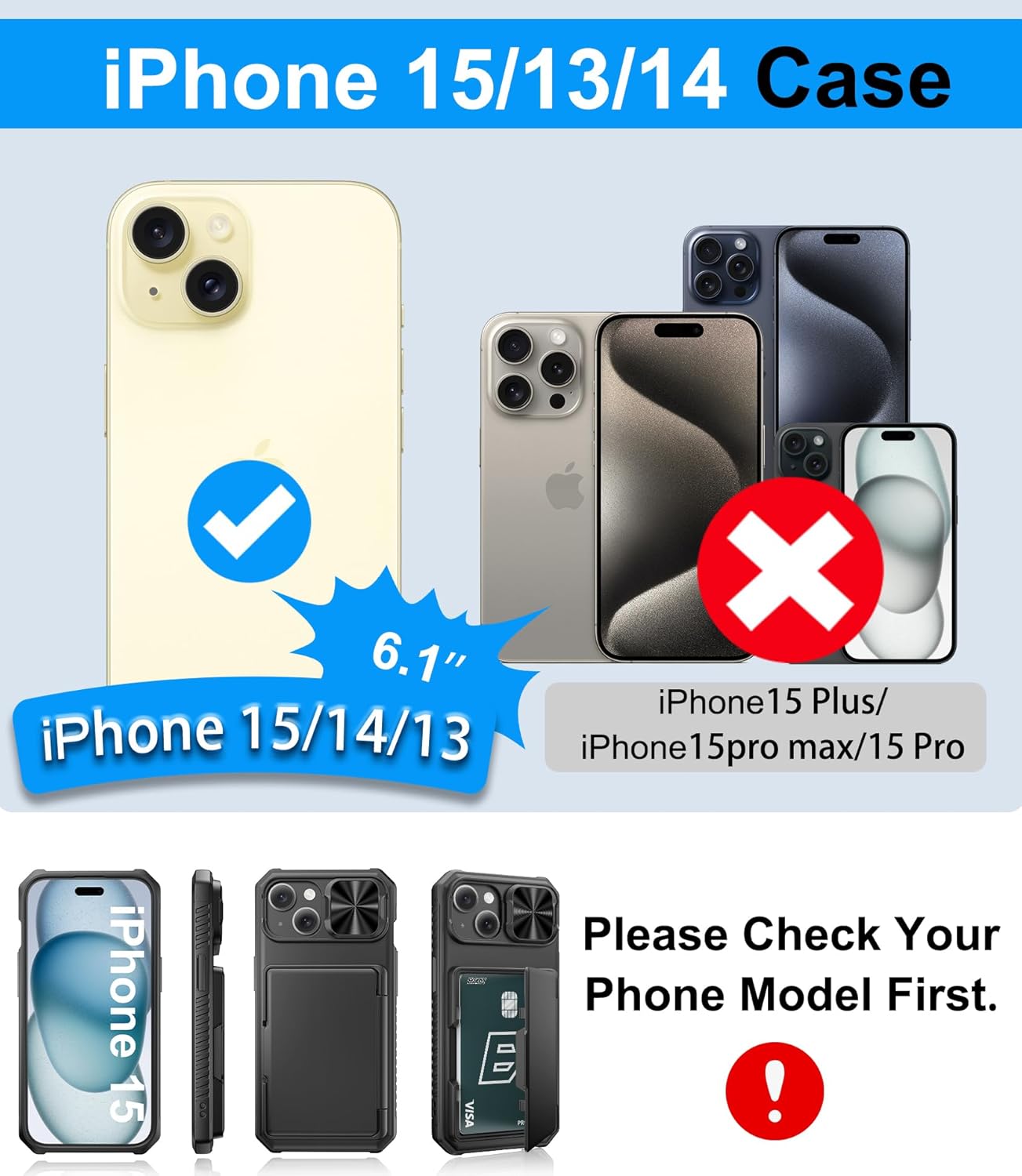 BXYJY for iphone 15 Wallet Case with Screen Protector (Tempered Glass), Card Holder (4-5 Cards), Slide Camera Cover, Military Grade Drop Protection, Heavy Duty Hard Men Women Case for iphone 15, Black