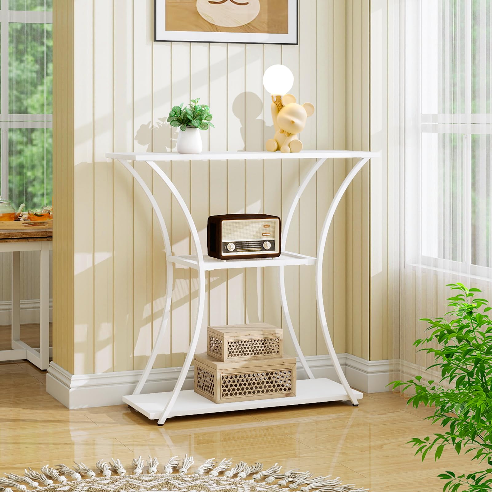 HDANI Tavolo consolle in metallo a 3 livelli con griglia media, tavolino sottile con telaio stabile, tavolo d'ingresso stretto e divano per corridoio, soggiorno, ingresso, bianco (80 x 30 x 78,5 cm)