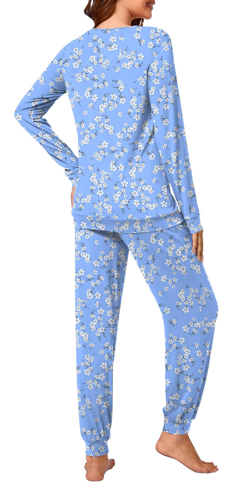 syoss Conjunto de pijama de manga larga para mujer, ropa de dormir con cuello en V, ropa de dormir suave, conjunto de 2 piezas con bolsillos