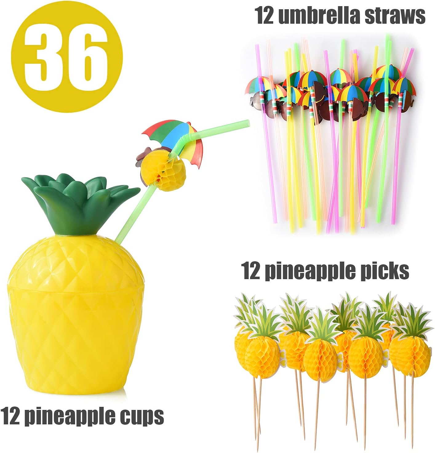 ALINK 12 Pineapple Cups with 12 Umbrella Straws and 12 Cocktail Drink Picks, Hawaiian Luau Tiki and Beach Party Decorations for Kids and Adults - Image 3