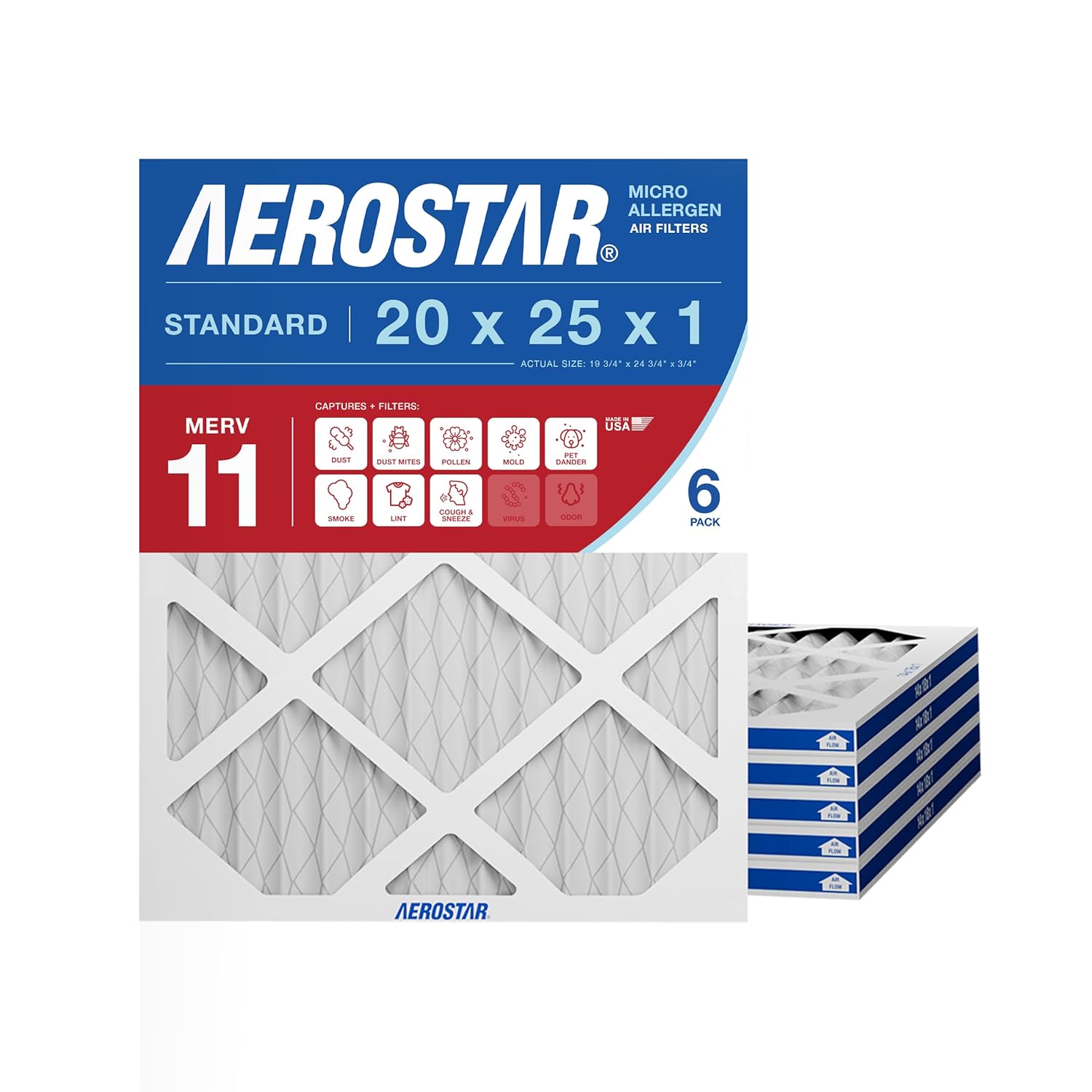 Aerostar 20x25x1 MERV 11 Air Filter, 6 Count