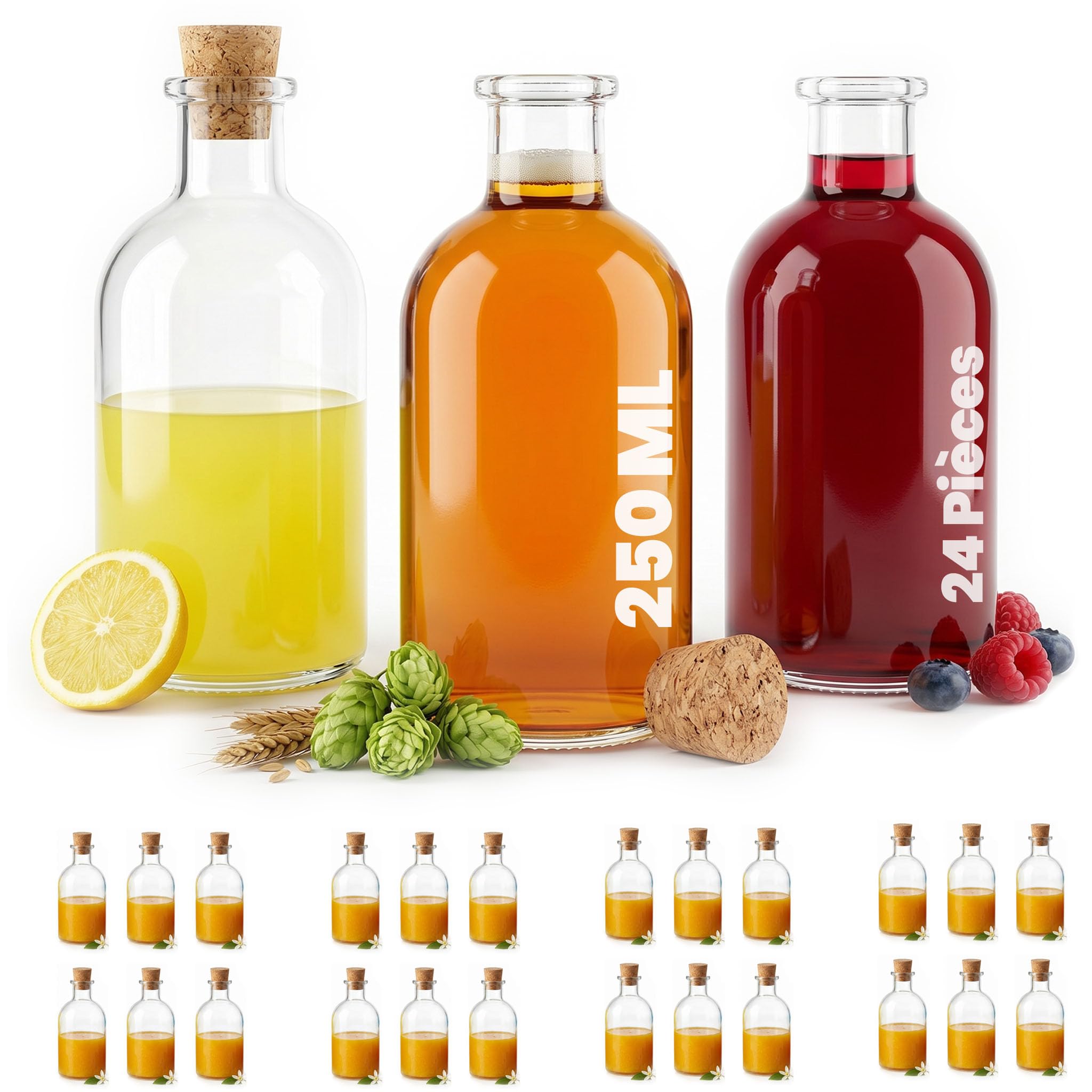 24 Bouteille Verre 250ml – Flacon 25cl En Verre Bouchon Liège – Liqueur Huile Vinaigre Sirop Cadeau Fait Maison DIY Transparent Vide