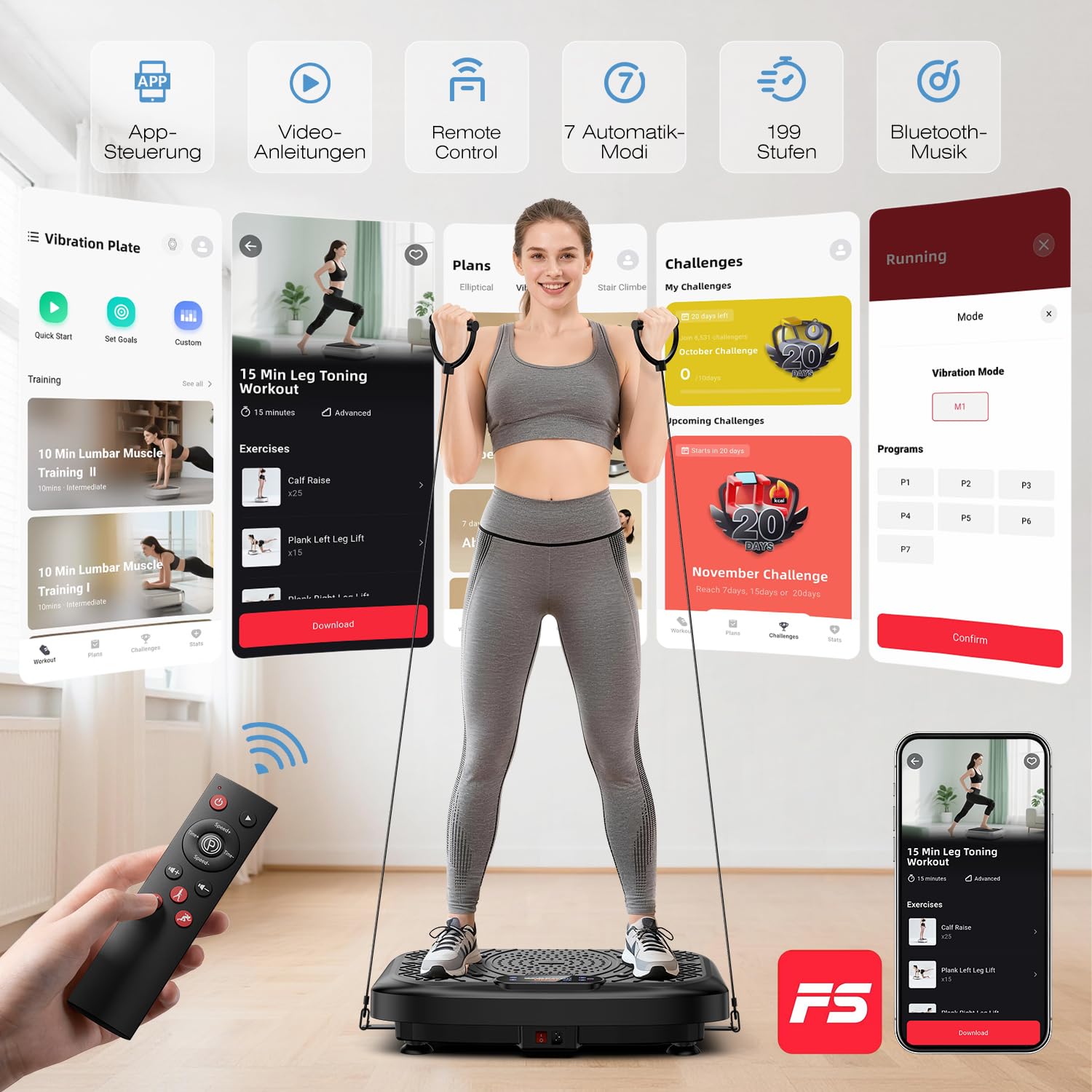 Vibrationsplatte mit App, Rüttelplatte Lymphdrainage bis 220KG | Starker 200W Motor, 199 Stufen Rüttelplatte Fitnessgerät zum Abnehmen, Bluetooth, LED Display & Trainingsbänder für Zuhause