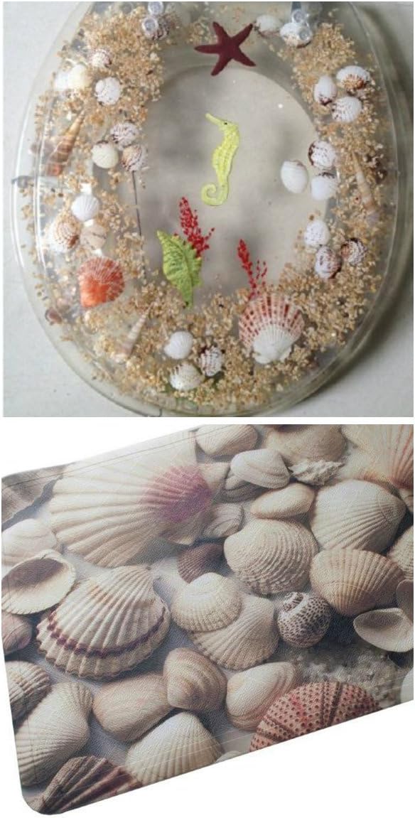 PopularHome Lady of the Sea Collection- Collection - Heavy Duty Toilet Seat - Seahorse and Seashell Design - Standard Size - (Clear) + Printed 'Seashell' PVC Skid-Resistant Bath Mat (16"x27")