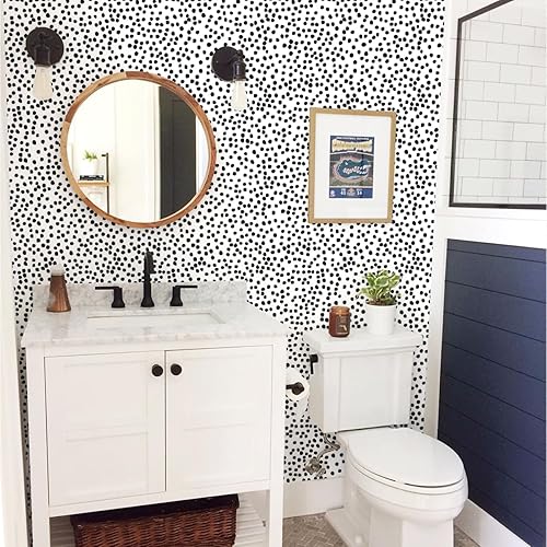 Miniatura 6 de Jeweluck Papel tapiz de lunares para despegar y pegar, 17.7 x 236.2 pulgadas, papel de contacto de lunares negros, papel de pared decorativo blanco