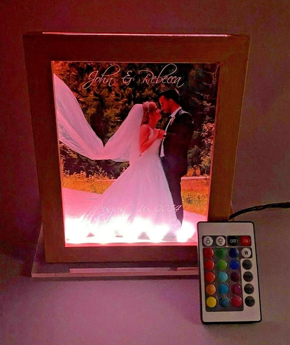 Large Custom Free Standing Premium Wood Loved Ones Picture Photo Frame With Your Photo UV Printed LED 7" x 8.75" Desk Table Light Personalized Laser Engraved With Remote and 16 Colors Changing!