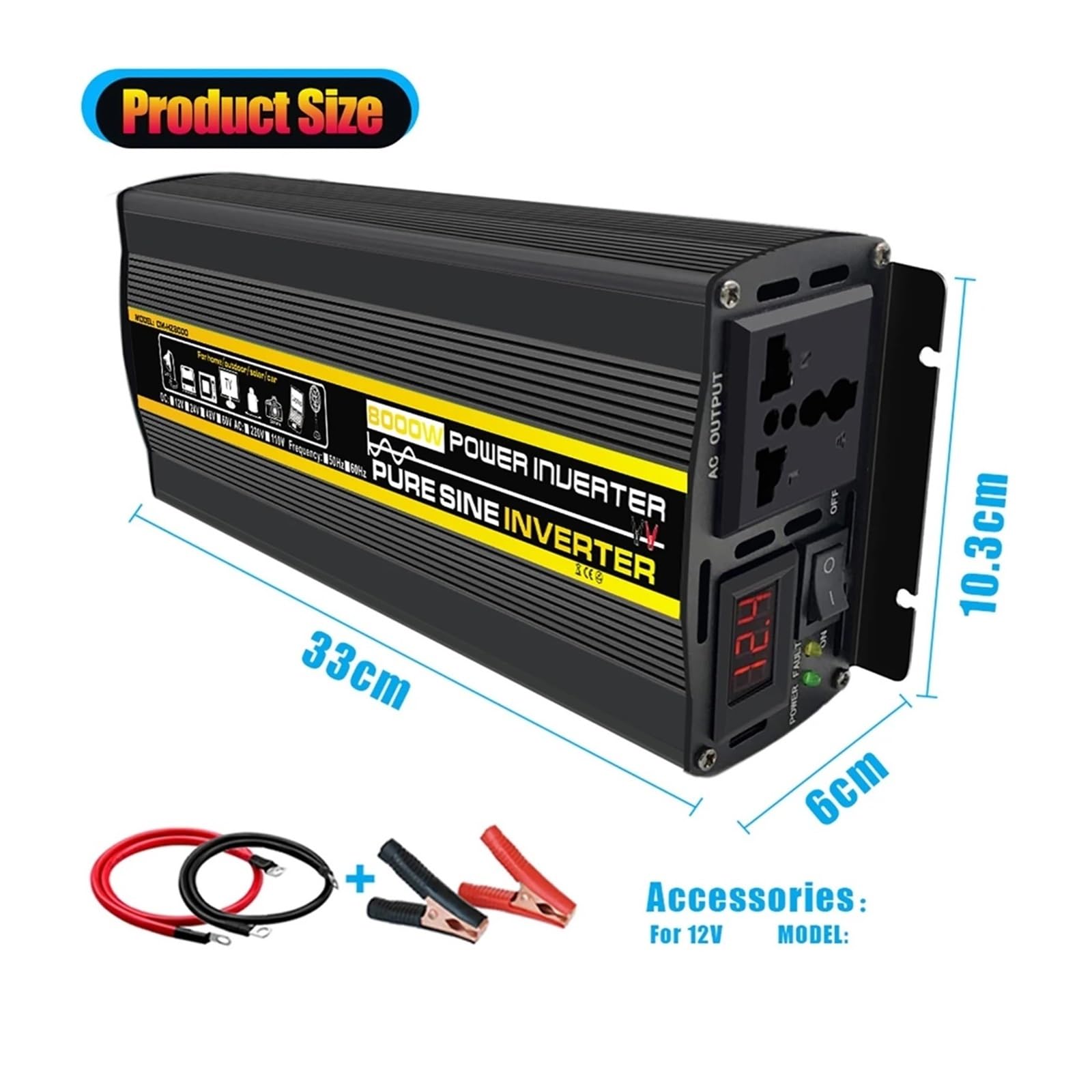 Falownik, 10000W Czysta Fala Sinusoidalna Samochodowy Inwerter Zasilania DC12V do AC Transformator Napięcia Samochodowego Domowego Konwertera Zasilania Off Grid