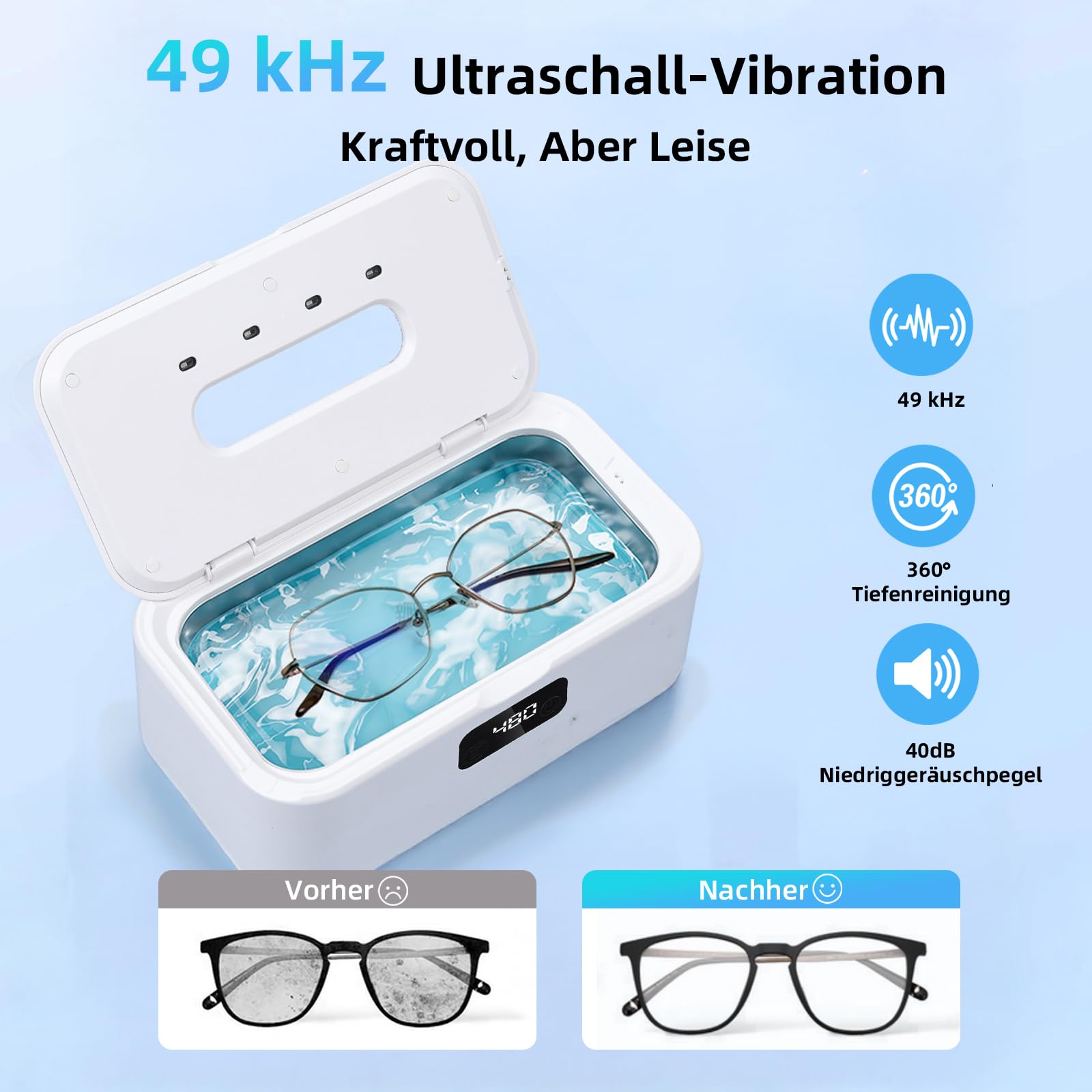 Ultraschallreinigungsgerät UV Licht, 800ML, 49000Hz | 5 Timer Modi UV Ultraschall Reinigungsgerät für Brillen Zahnschiene und Schmuck Dental Pod