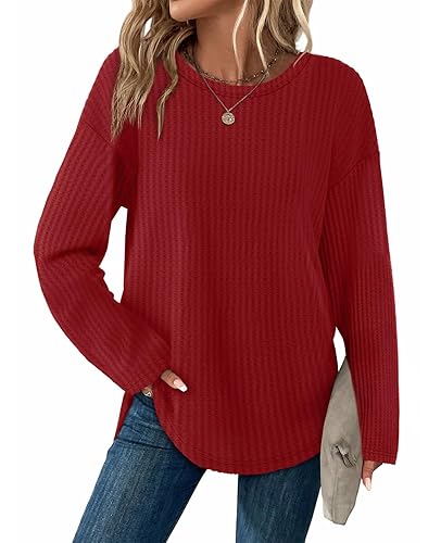 XIEERDUO Women Tunic Tops Dressy Casual Long Sleeve Shirts Fall Trendy Waffle Knit Crewneck Curved Hem Fashion Clothing 2025 - G-burgundy - Large