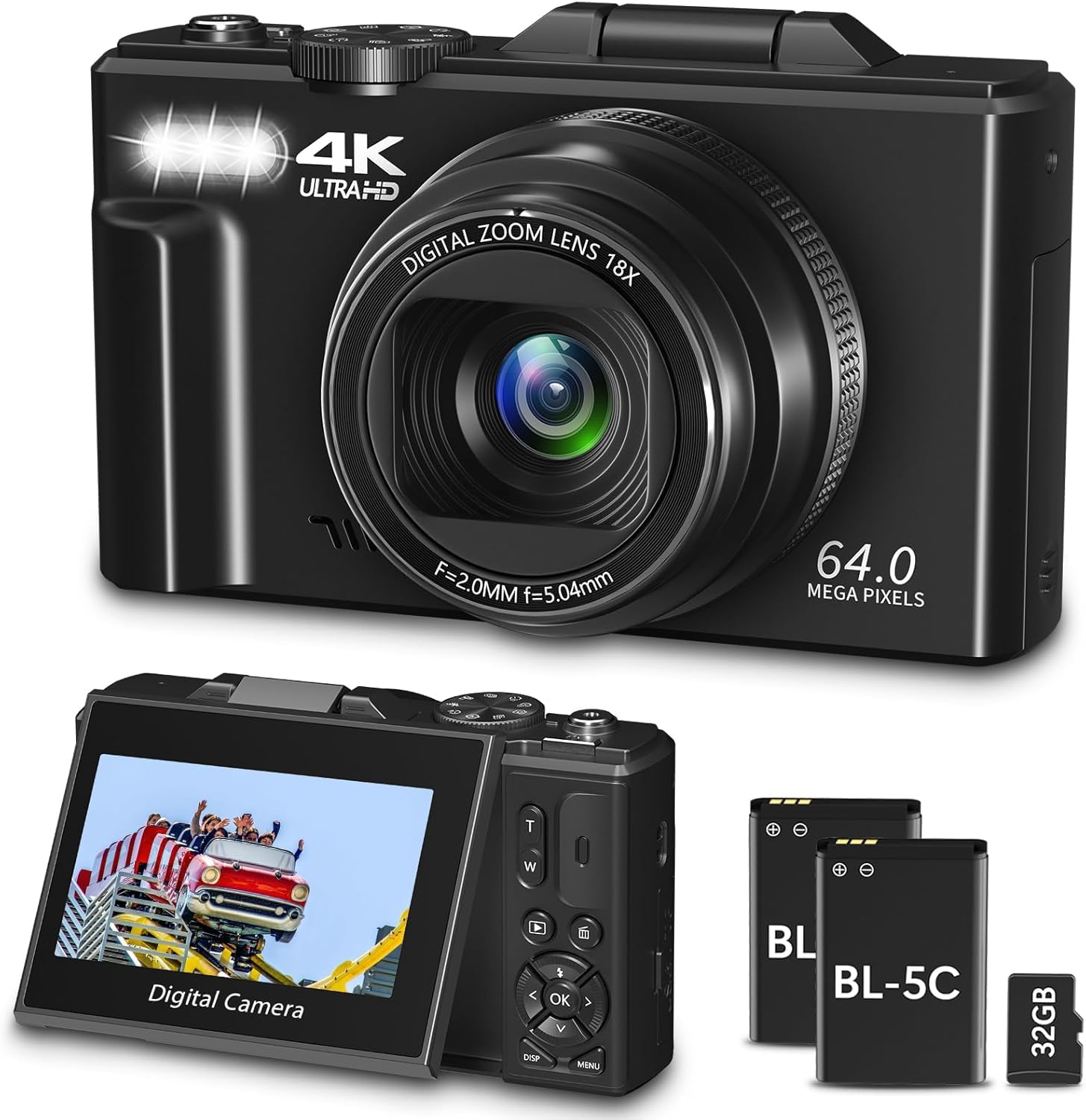 Digital Camera for Photography, WiFi 64MP 4K Vlogging Camera for YouTube, 3" 180° Flip Screen 18X Digital Zoom Compact Vlog Travel Cameras with 32GB TF Card & 2 Batteries, Black-picture-18