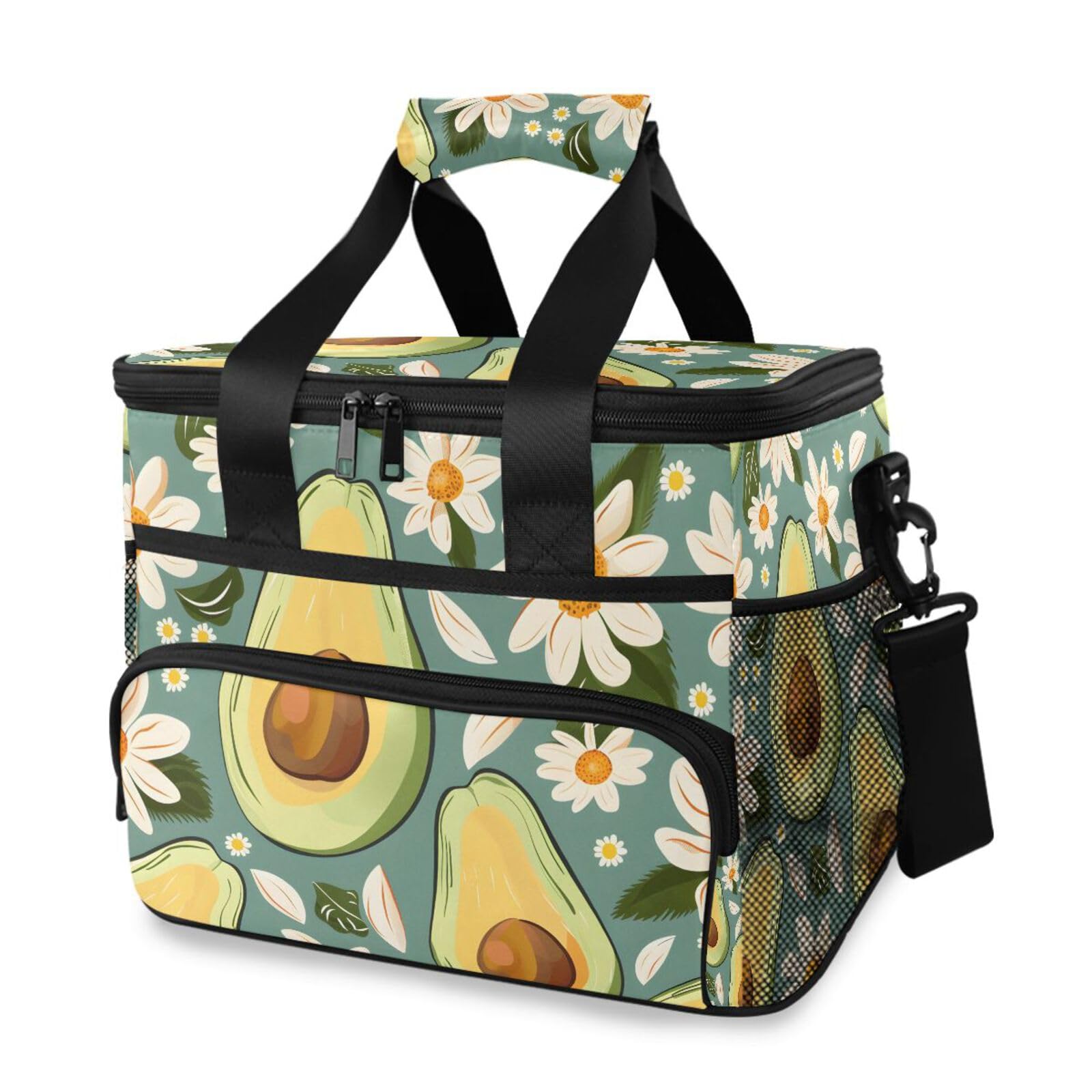 Grüne Avocado-weiße Gänseblümchen-Kühltasche, groß, isolierte Lunchtaschen, Picknick-Kühltasche, 15 l, 24 Dosen, wasserdichte Thermotasche für Erwachsene, Männer, Frauen