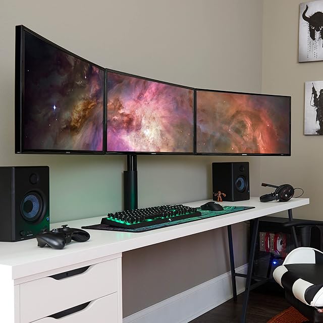 ECHOGEAR 3 Monitor Desk Stand for Screens Up to 27" - Triple Desk Mount with Lock Down Clamp to Eliminate Screen Wobble - Adjust Tilt, Orientation & Swivel of Each Monitor Without Tools
