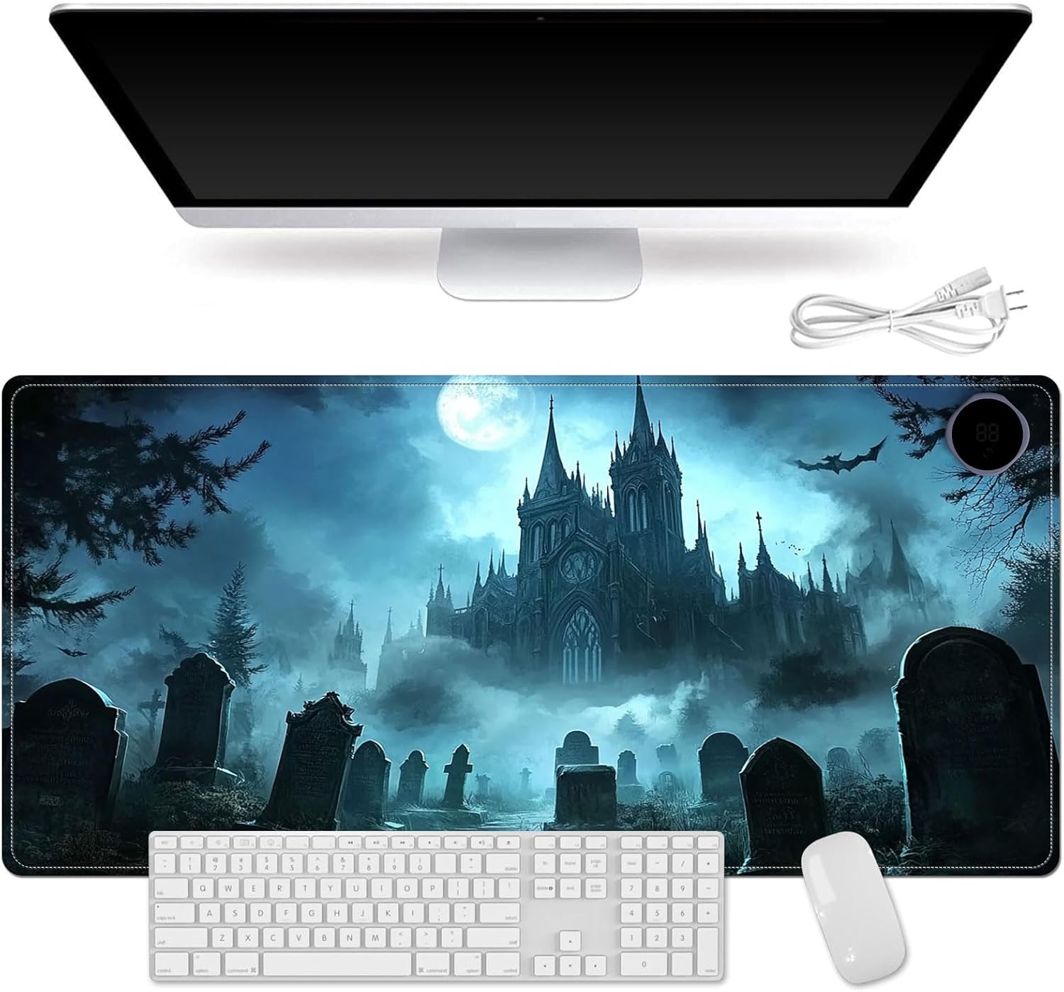 Small Heated Desk Pad 23.6" x 14.2" – Compact Electric Mouse Pad with 3 Heating Levels, Auto Shut-Off, Waterproof PU Surface, Plug-in Warmer for Office or Home Use, Gothic Cemetery
