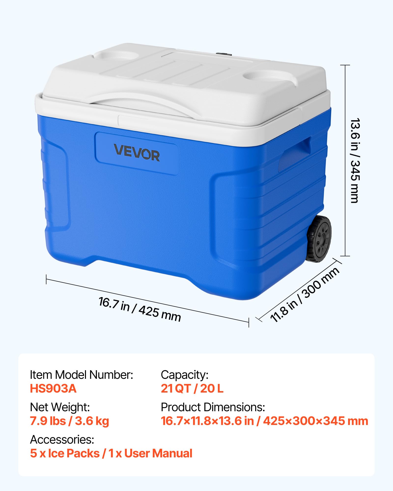 VEVOR Contenitore Isolato Termico con Ruote, Frigo Portatile con Ruote Capienza ca. 20 L Mantenimento Cibo Bevande Cubetti di Ghiaccio, Senza Elettricità, Picnic Campeggio Barbecue Attività all'Aperto