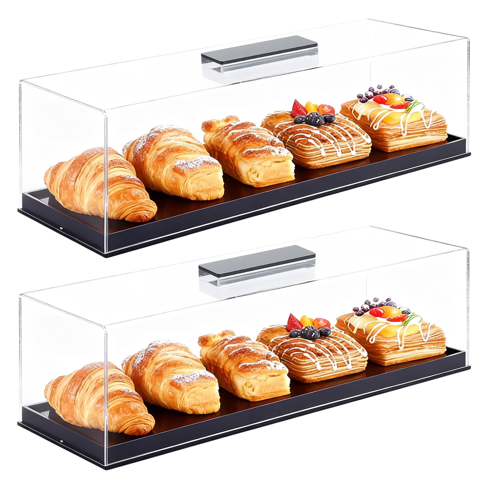APACALI 2 Pack Acrylic Rectangular Cake Tray, 35.5x13x9cm Cake Display with Lid, Reusable Dessert Holder Cake Storage for Party Home Kitchen, Black