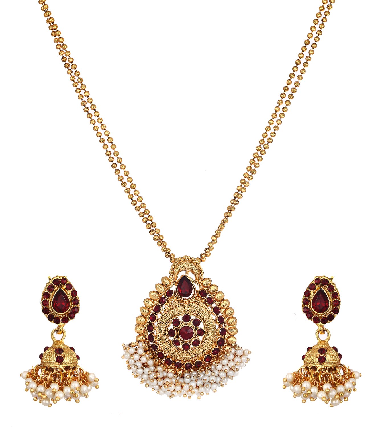 ZENEME Pendant Gold Plated Brass Dazzling Pearl Red CZ Stone Studded Dual Strand Chain Necklace Style Pendant With Drop Earring Jewellery For Girl and Women (B01KMR0AEG) Amazon Price History, Amazon Price Tracker