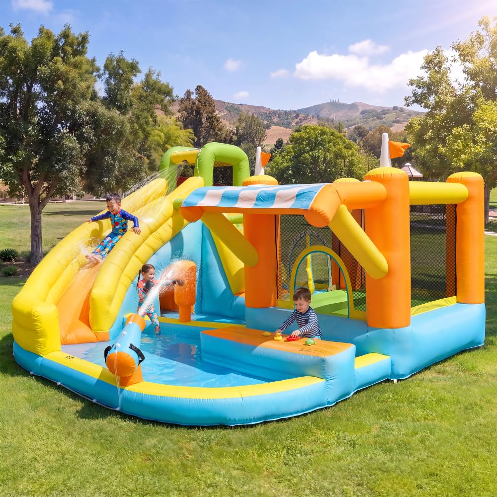 Castillo Hinchable con tobogán acuático y Piscina, Castillo Hinchable de Juegos acuáticos para Exteriores, Parque Infantil acuático con Ventilador, Juguete Hinchable Grande para niños (433x375x165cm)