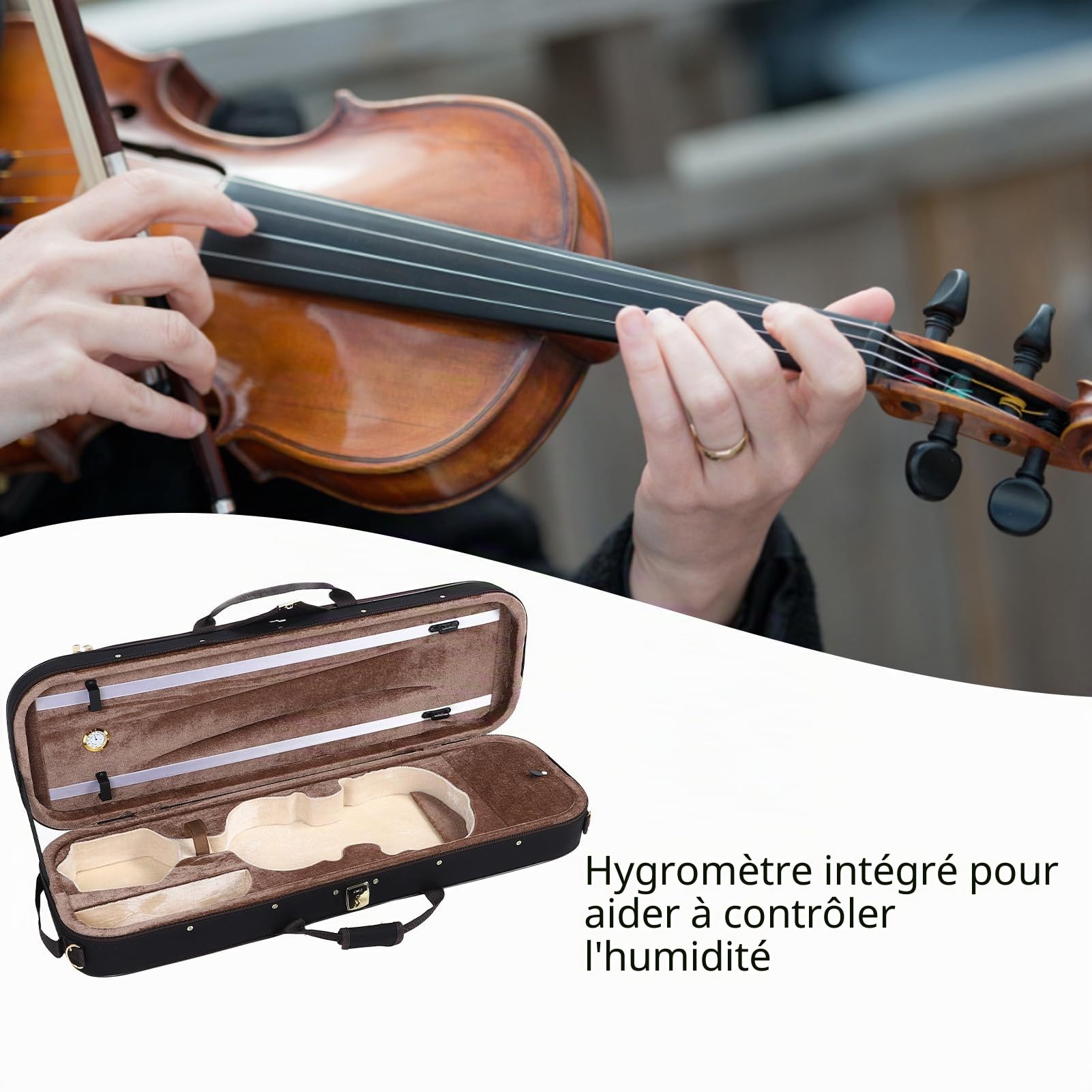 Boîte de Violon 4/4, étui de Rangement de Protection pour Violon à Coque Rigide en Tissu Oxford avec Hygromètre pour Violoniste