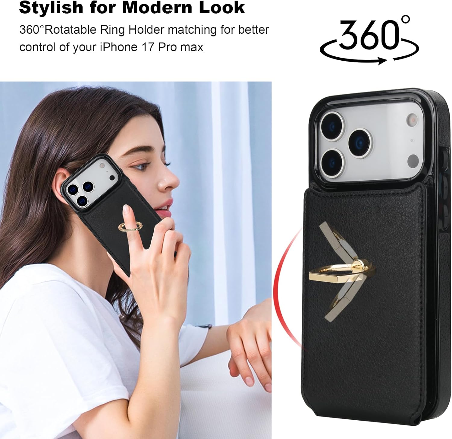 Folosu Compatible with iPhone 17 Pro Max Case Wallet with Card Holder, 360°Rotation Finger Ring Holder Kickstand, RFID Blocking Leather Protective Double Buttons Shockproof Cover 6.9 Inch Black